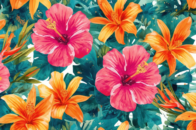 Watercolor Pink And Orange Hibiscus Flowers Background