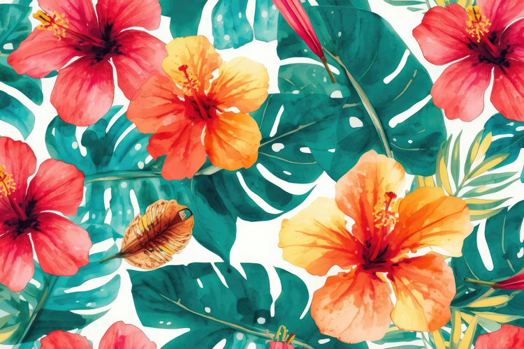 Watercolor Pink And Orange Hibiscus Flowers Background