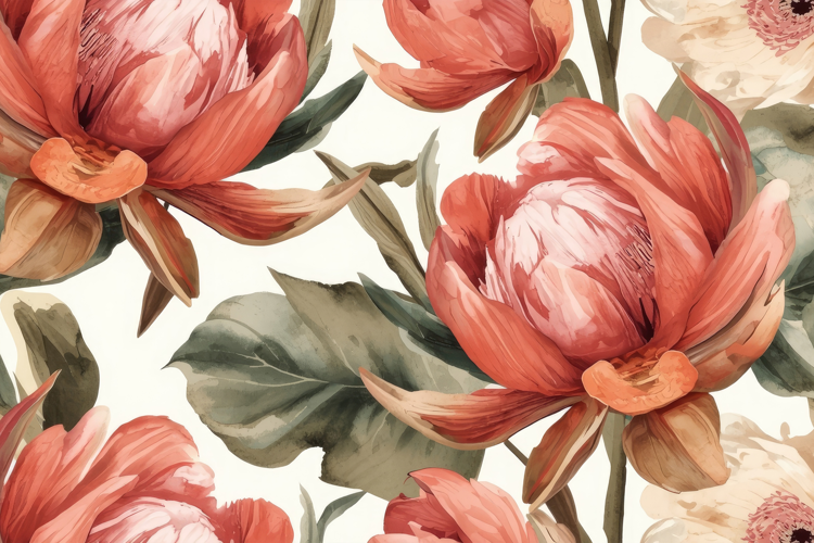 Watercolor Large Coral Red Peony Flowers Background