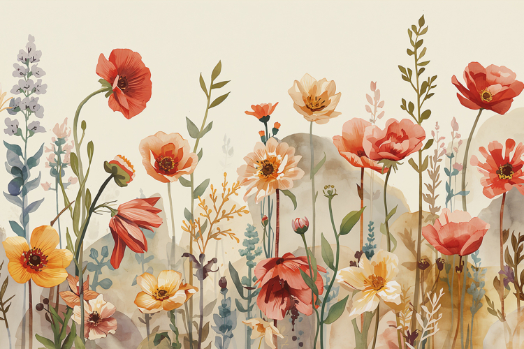 Watercolor Flower Field Background Wallpaper example image 1
