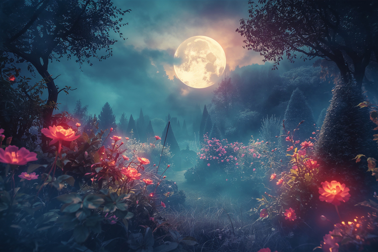 Fantasy Garden at Night Background Wallpaper