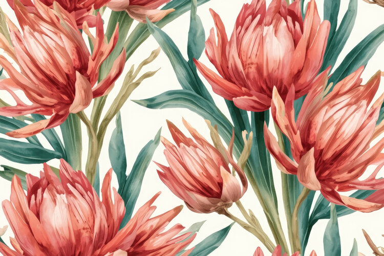Watercolor Pink And Coral Protea Flowers Background example image 1
