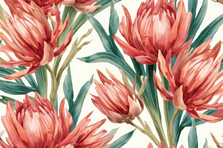 Watercolor Pink And Coral Protea Flowers Background