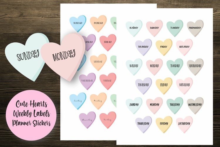 Cute Hearts Weekly Labels Planner Stickers