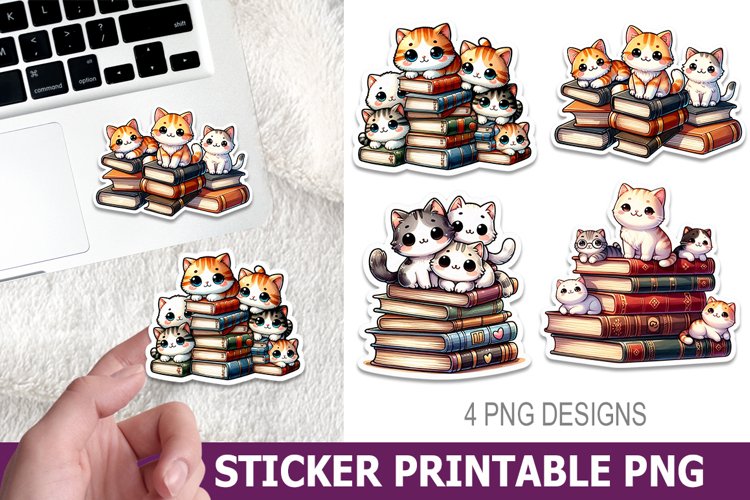 Cute Cat on Book Sticker Printable | High Quality 300 Dpi example image 1