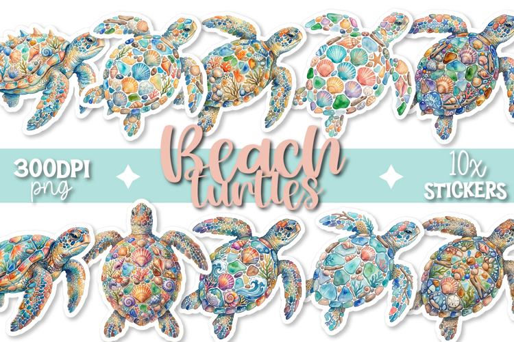 Beach Turtles Stickers 10x Designs Transparent PNGs
