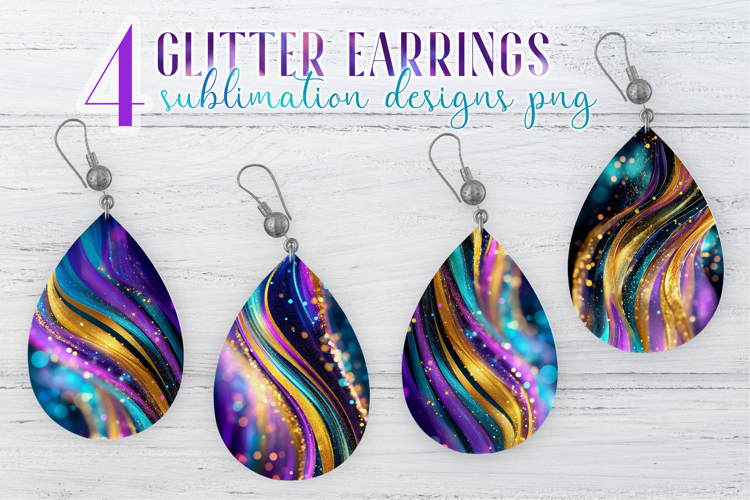 Glitter Earrings Sublimation|Golden Colorful Waves Teardrop