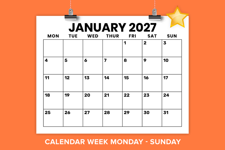 2027 8.5x11 Inch Large Number Monday to Sunday Calendar
