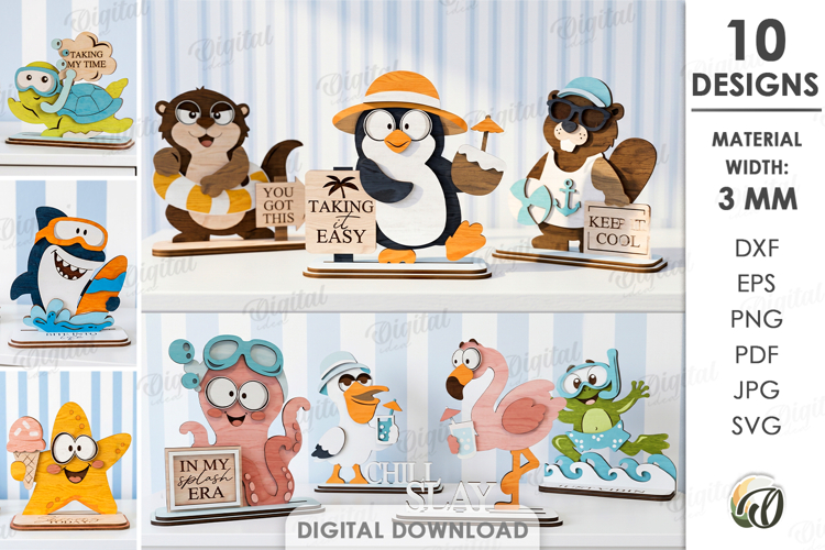 Funny Summer Animals Stands Bundle Lasercut. Stand Decor SVG