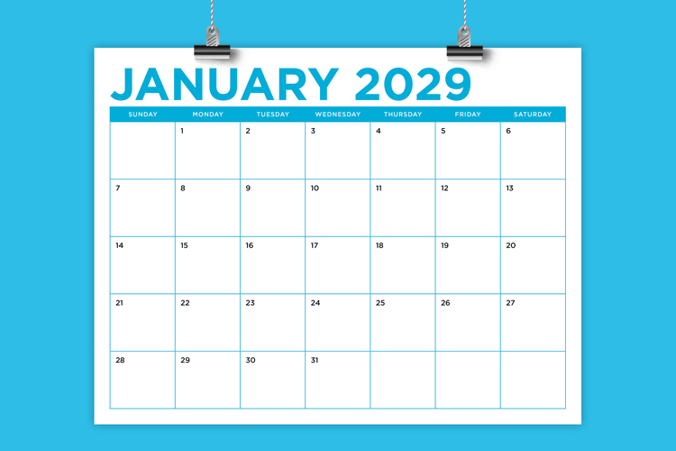 2029 8.5 x 11 Inch Bold Color Calendar Template