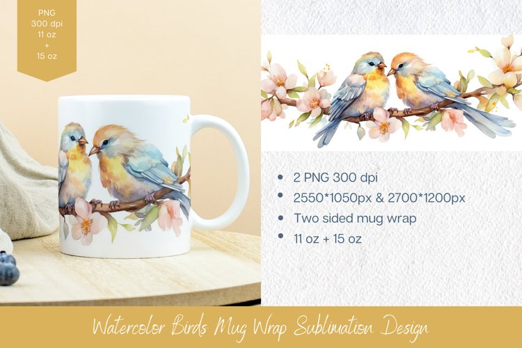 Watercolor Birds Floral Mug Wrap Sublimation example image 1