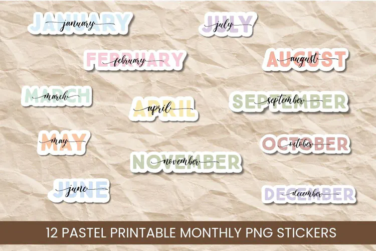 12 Pastel Monthly Stickers PNG | Printable Planner Stickers