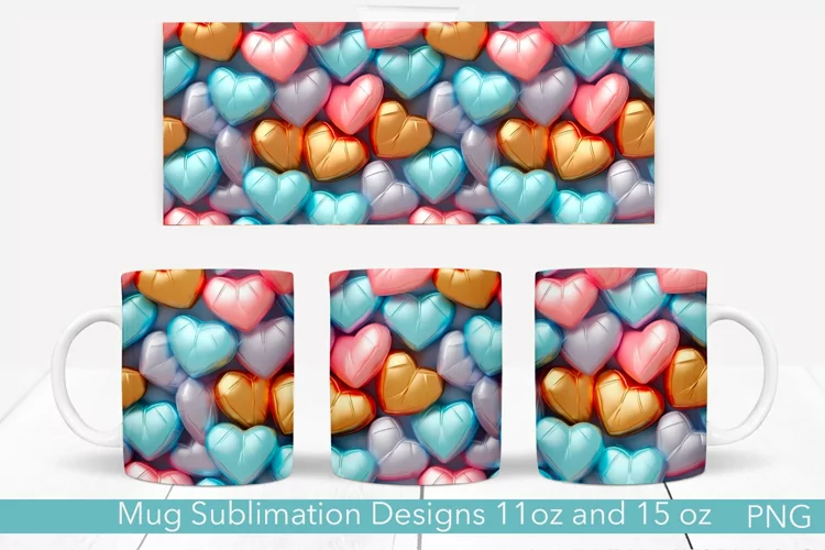 Pastel Colors Hearts Mug Design | 11 and 15 oz. 3D Puff