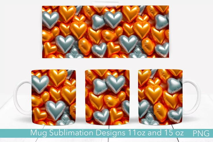 Golden and Silver Hearts Mug Design | 11 and 15 oz. 3D Puff