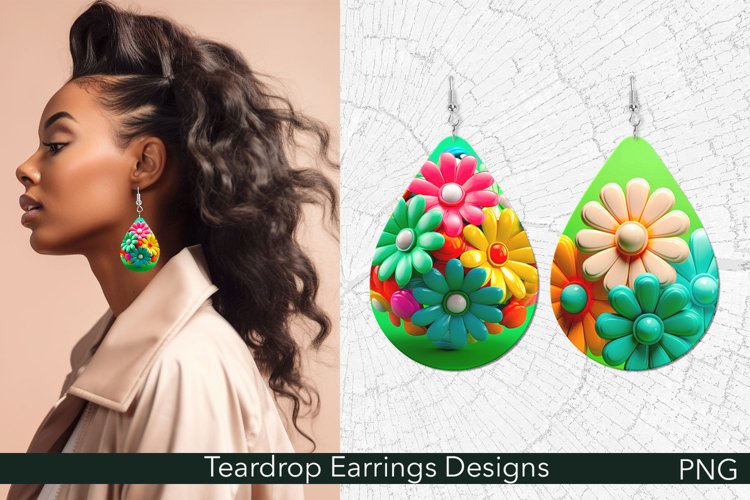 Floral Teardrop Earrings Sublimation | 3D Blossoms PNG