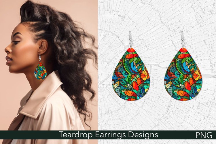 Floral Teardrop Earrings Sublimation | Stained Glass PNG