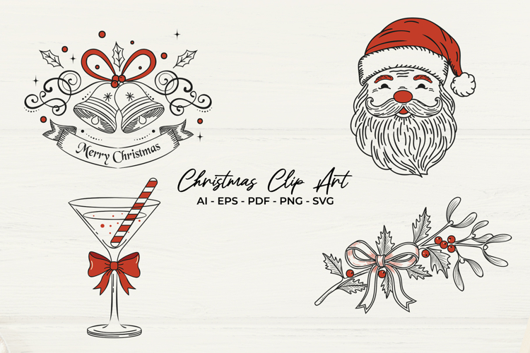 Hand-Drawn Christmas Clip Art Set Vintage Holiday Line Art