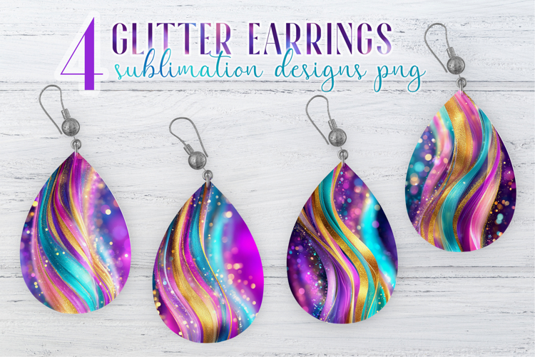 Glitter Earrings Sublimation|Golden Pink Blue Waves Teardrop