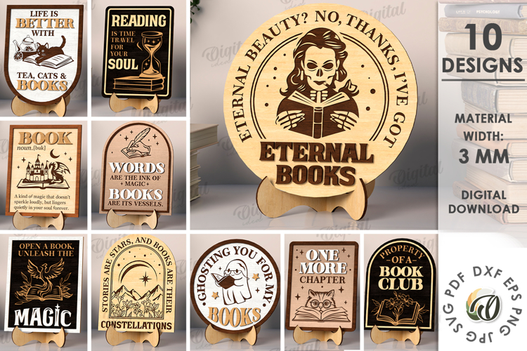 Wooden Bookshelf Signs Bundle Laser Cut. Stand Decor SVG