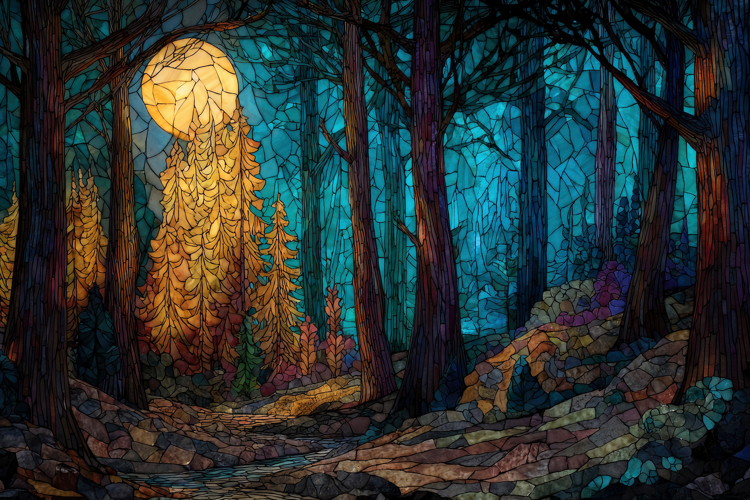 Stained Glass Scene of a Mystical Forest Background example image 1