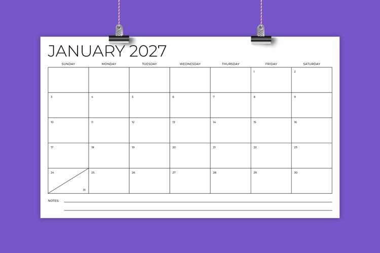 2027 8.5 x 14 Inch Calendar Template