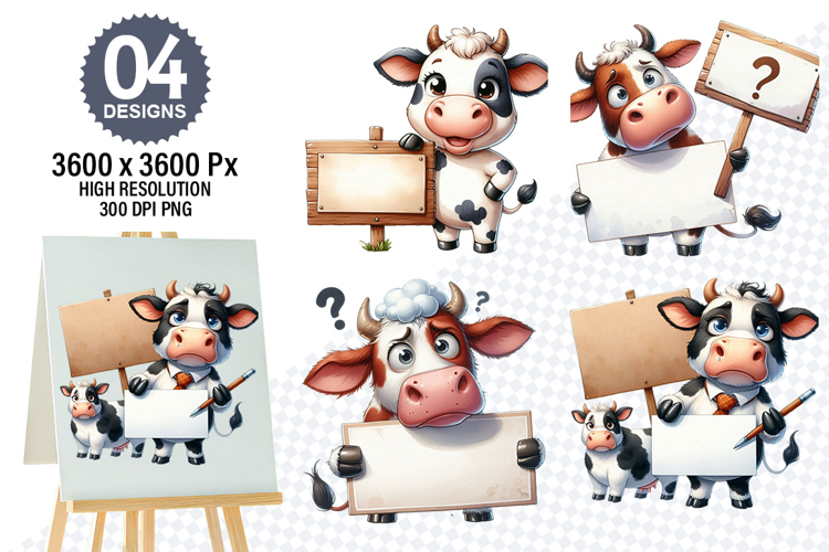 Watercolor Funny Cow Clipart PNG, Cow Sublimation Designs