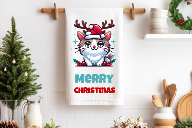 Kitty Dish Towel Sublimation. Christmas Cat Dish Towel PNG
