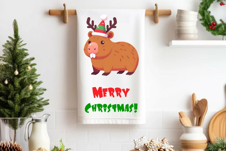 Cute Capybara Dish Towel Sublimation. Christmas Dish Towel