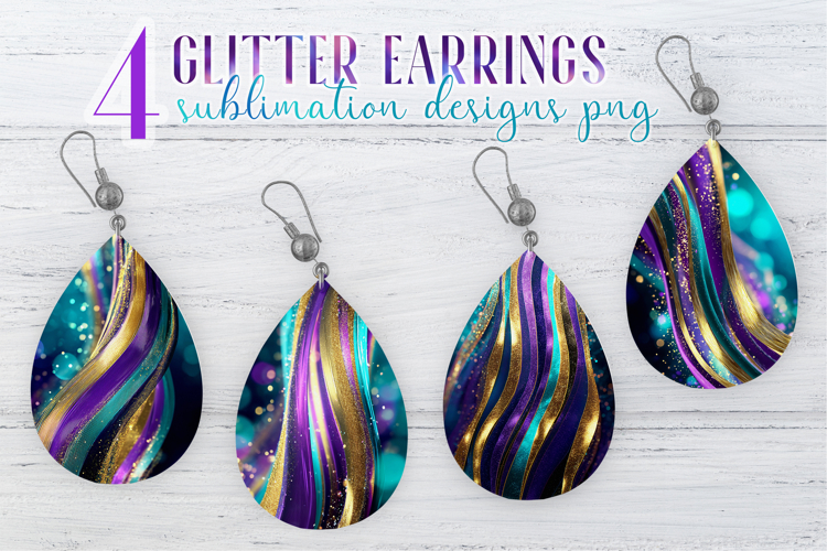 Glitter Earrings Sublimation | Teal Golden Stripes Teardrop