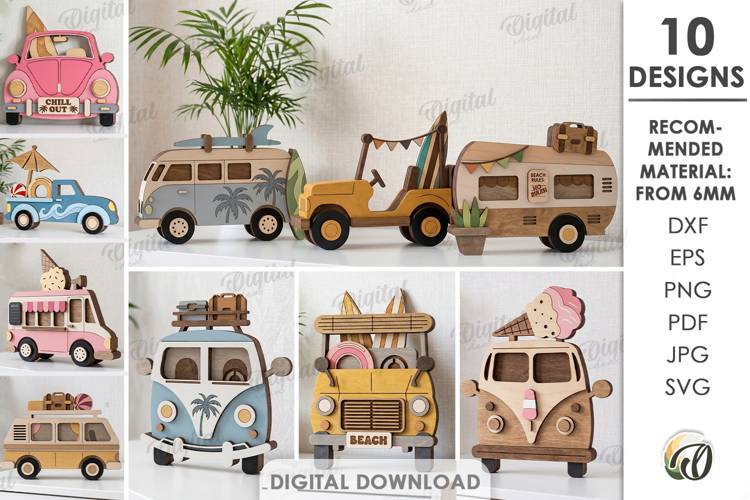 3D Summer Cars Bundle Laser Cut. Summer Stand Decor SVG