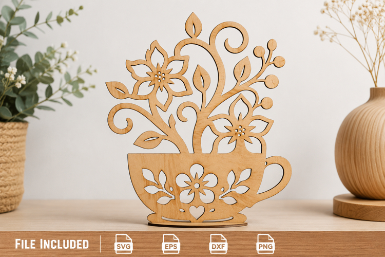 Teacup Floral Laser Cut SVG