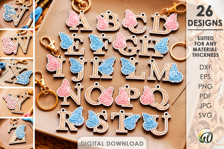 Embroidered Monogram Keychains Bundle Lasercut. Alphabet SVG