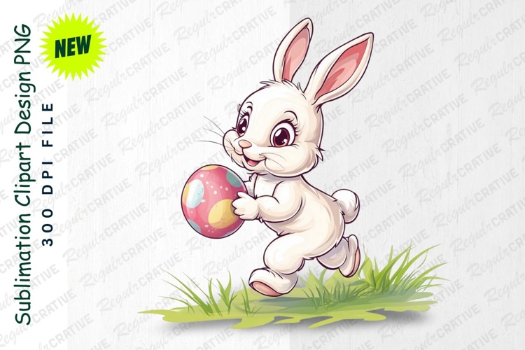 Cute Easter Bunny Running With Decorated Egg Clipart