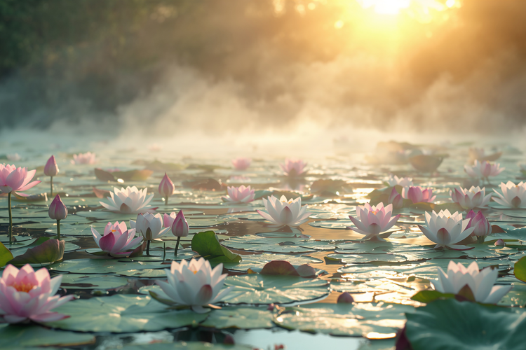 Pond Filled with Blooming Pink and White Lotus Flowers