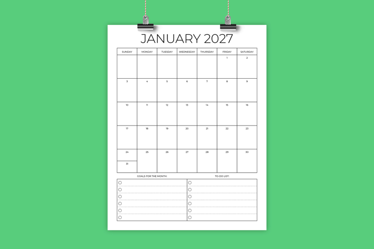 2027 Vertical 8.5 x 11 Inch Planner Calendar Template