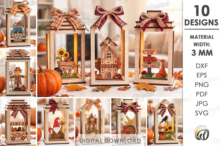 3D Fall Lanterns Decor Bundle Laser Cut. Stand Decor SVG