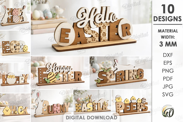 3D Easter Table Signs Bundle Laser Cut. Stand Decor SVG