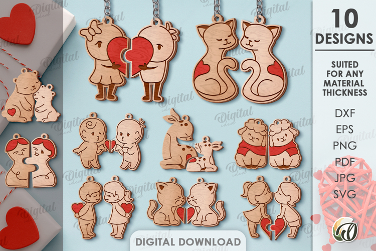 Double Valentines Keychains Bundle Lasercut. Key Ring SVG