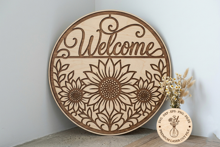 Sunflower Welcome Sign SVG, Floral Laser Cut Door Hanger example image 1