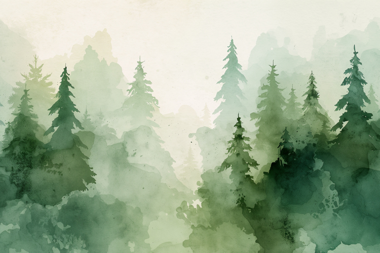 Watercolor Painting of a Misty Pine Tree Background
