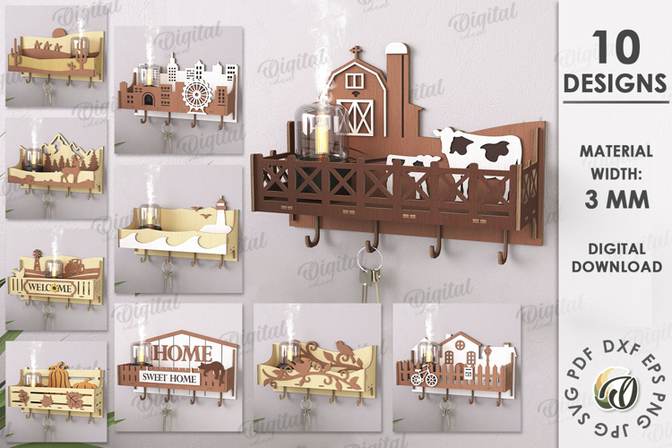 Shelves with key holders Bundle Laser Cut. Organizer SVG