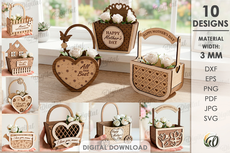 Mother's Day Flower Boxes Bundle Laser Cut. Gift Box SVG example image 1