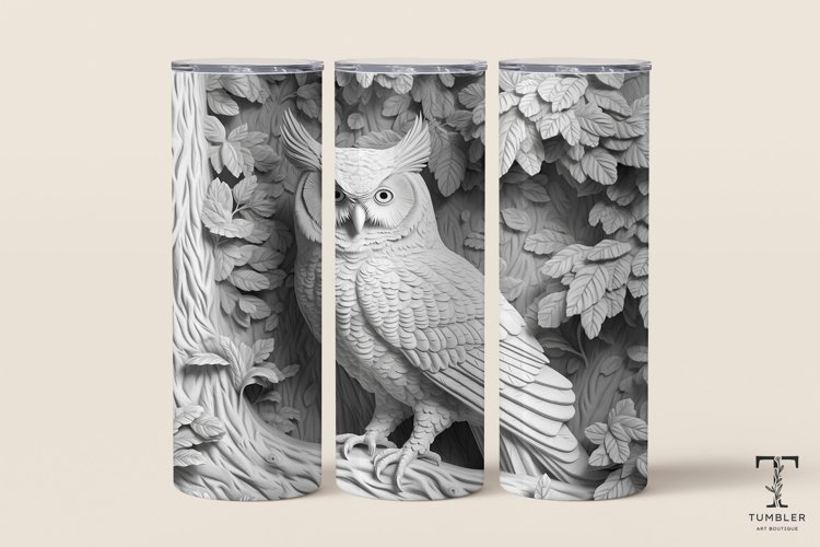 3D White Owl Relief 20oz Sublimation Tumbler Wrap Design