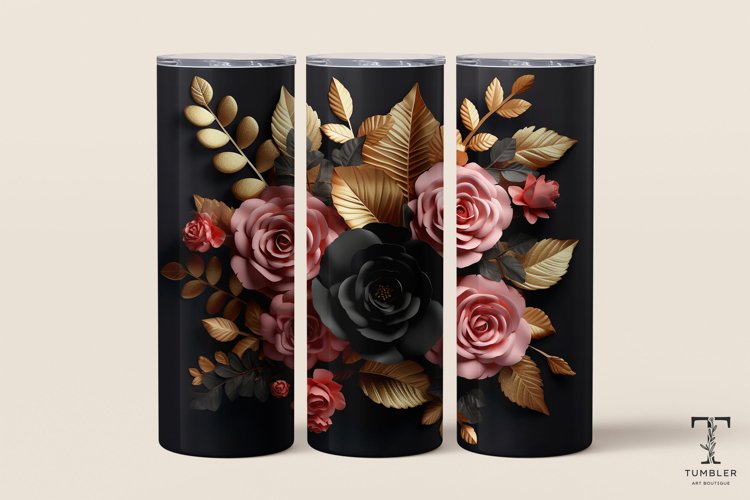 3D Gold and Pink Black Flowers 20oz Sublimation Tumbler Wrap
