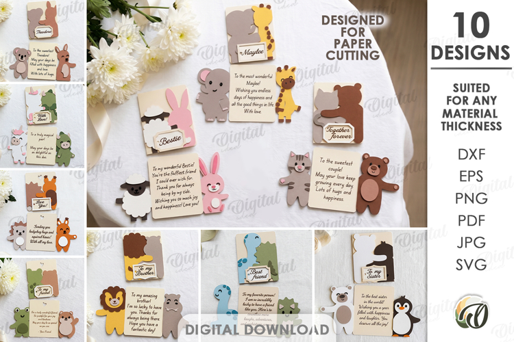 3D Greetings Cards Bundle Paper Cut. Cute Animals Paper Cut