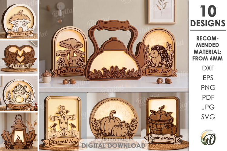 3D Fall Lamps Bundle Laser Cut. Night Light. Led Light SVG