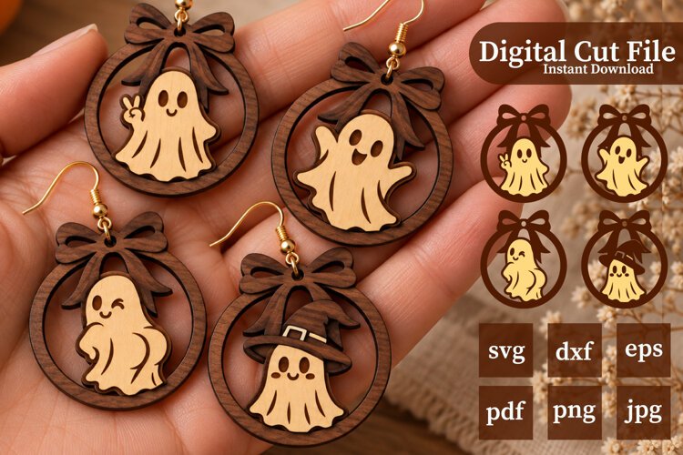 4x Boo Ghosts with Bow Laser Cut Earrings Design example image 1