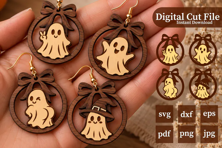 4x Boo Ghosts with Bow Laser Cut Earrings Design