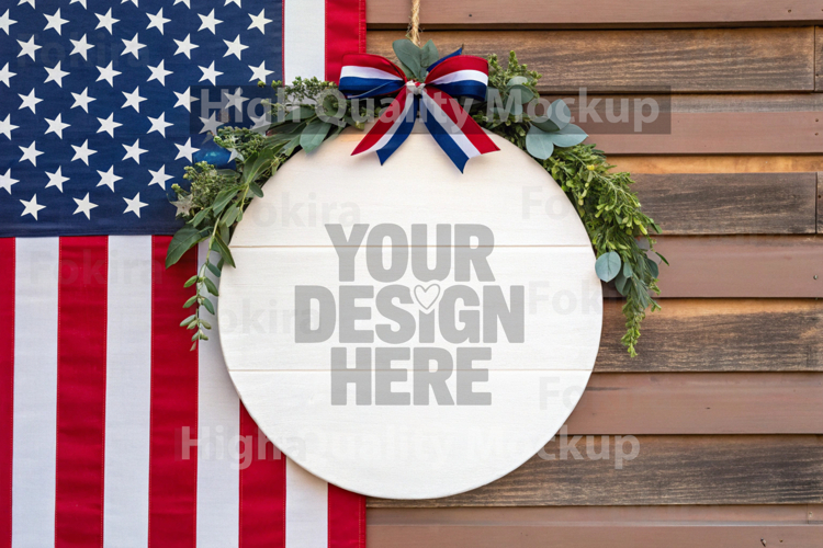 4th of July Round Wood Sign Mockup - Door Wood Sign