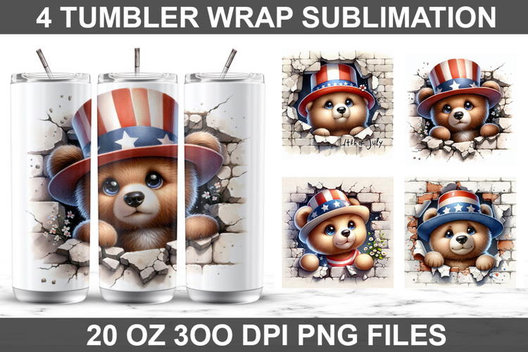 4Th Of July Bear Tumbler Sublimation PNG, 20 oz Tumbler Wrap